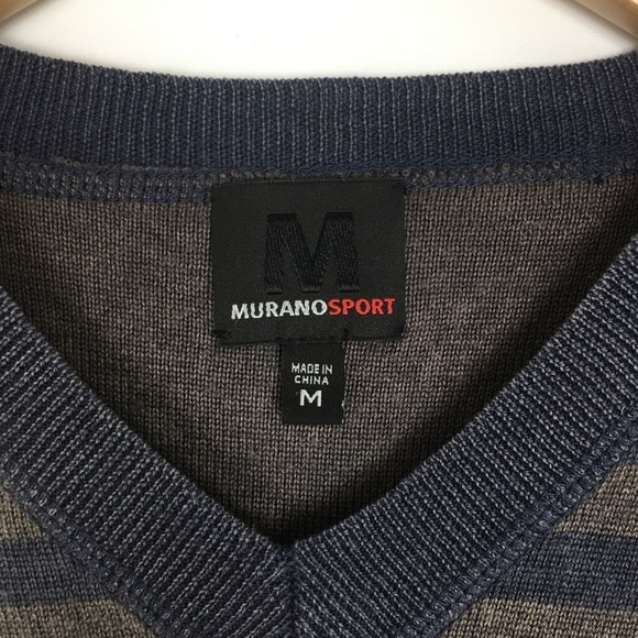 Murano Men’s V-Neck Merino Wool Sweater Gray Stripes Size Medium Long Sleeves - Picture 5 of 11